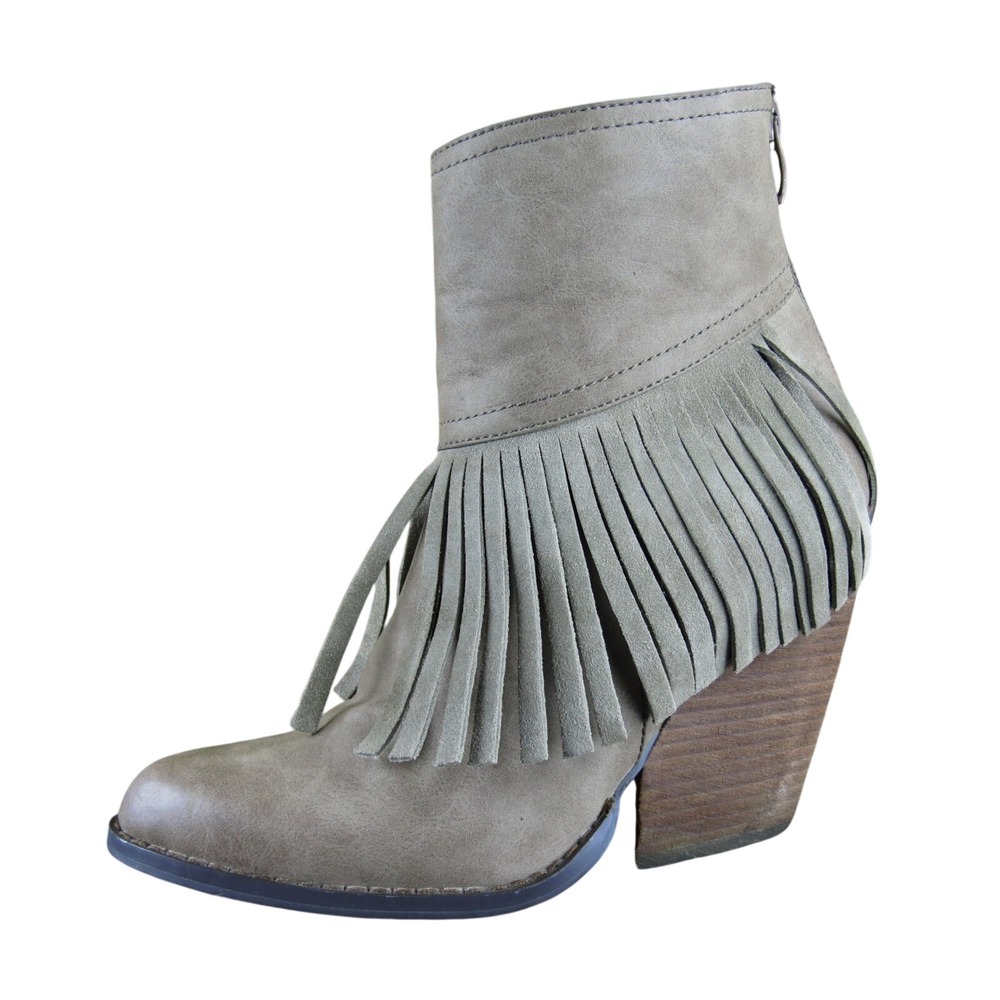 Very Volatile Women 7.5 Taupe Fringe Western Ankle Boot Block Heel Zip Synthetic